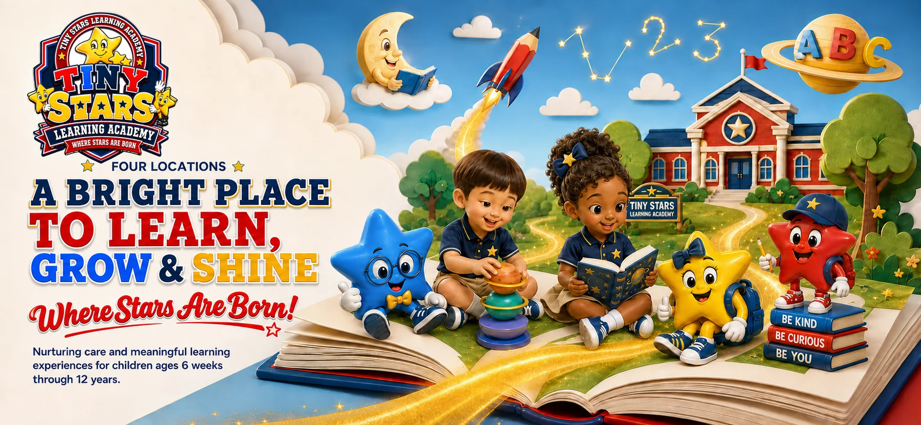 Diverse children in Tiny Stars uniforms learning and playing with colorful star mascots outside a bright academy.