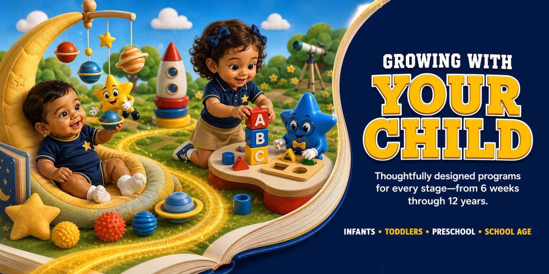 Children at infant and toddler stages learning along a storybook path with Tiny Stars mascots.