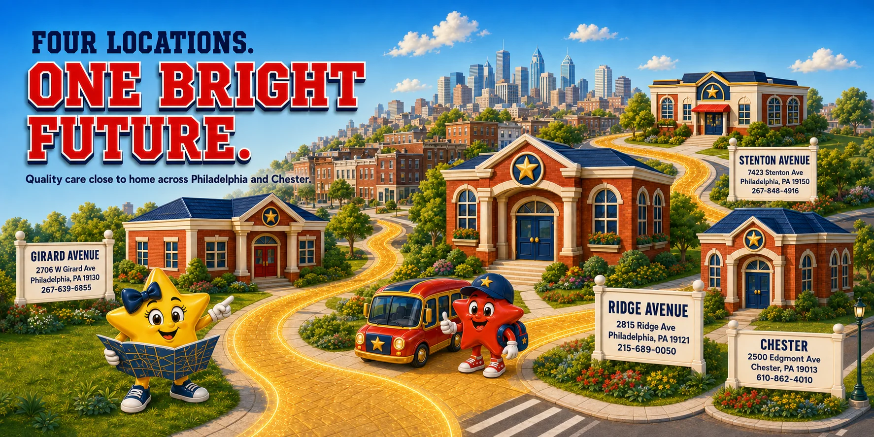 A branded regional map highlighting Tiny Stars locations on Girard Avenue, Ridge Avenue, Stenton Avenue, and Edgmont Avenue in Chester.