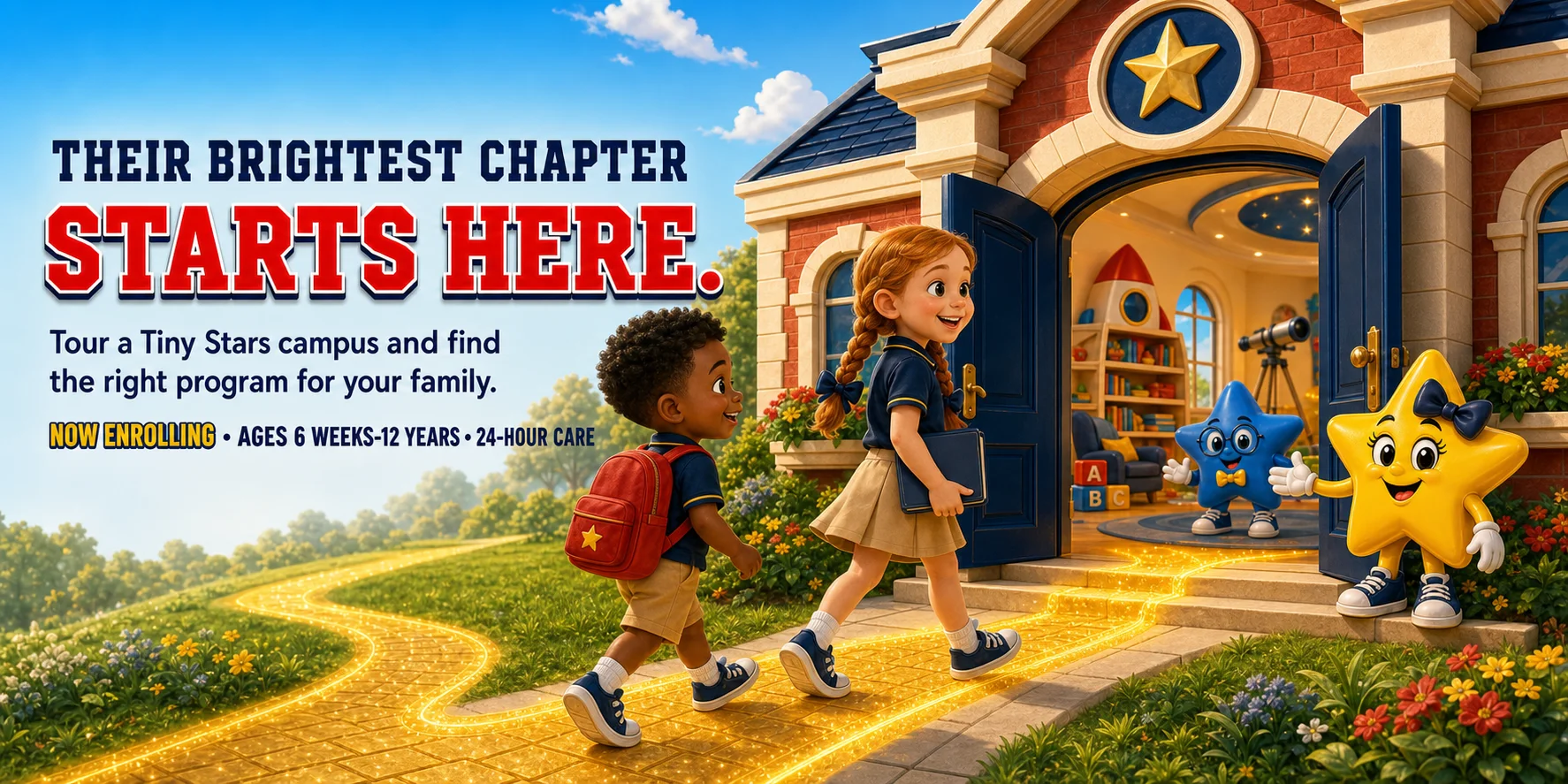 Children following a golden path toward a welcoming Tiny Stars academy with star mascots.