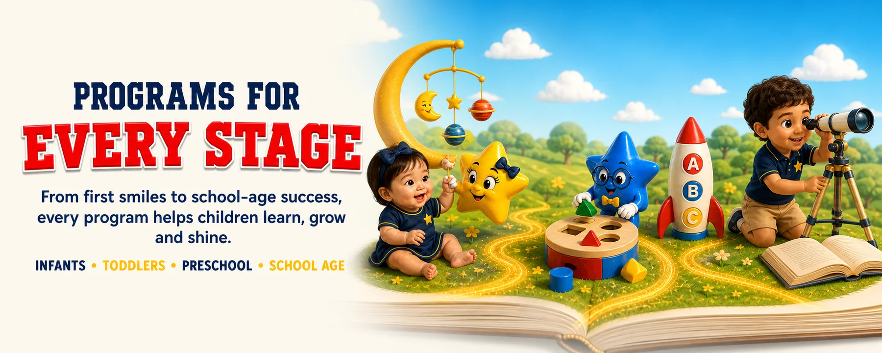 An infant and school-age child exploring learning objects with Tiny Stars mascots along a golden storybook path.