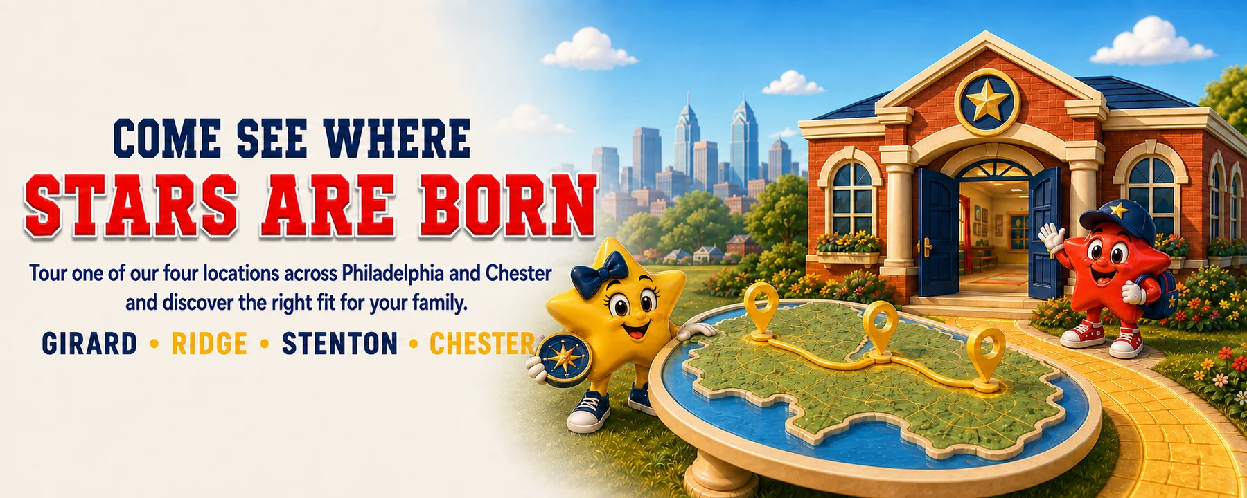 A bright Tiny Stars academy beside a branded regional map with markers for Girard, Ridge, Stenton, and Chester locations.