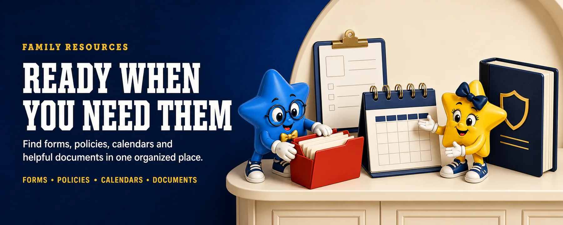 Blue and yellow Tiny Stars mascots organizing a family resource library with a form, calendar, policy handbook, and document folder.